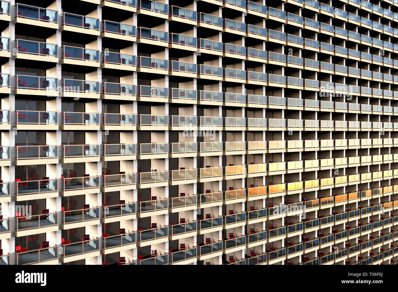 3D-Rendering von Uniformierten suchen Apartments in einer sehr großen und überfüllten Gebäude Stockfoto