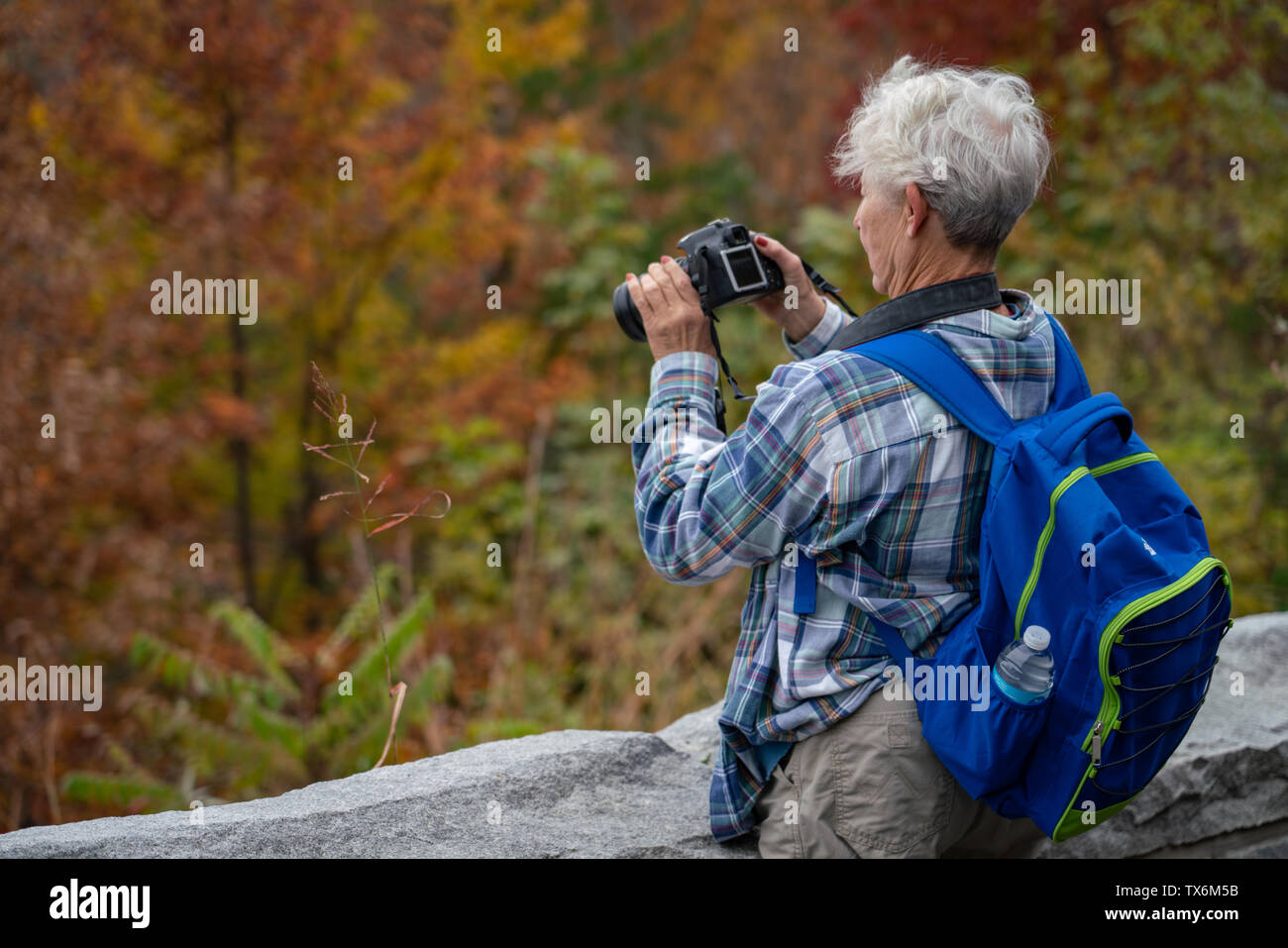 Eine ältere Frau mit einem Rucksack auf nimmt Bilder der Berge im Herbst. Stockfoto