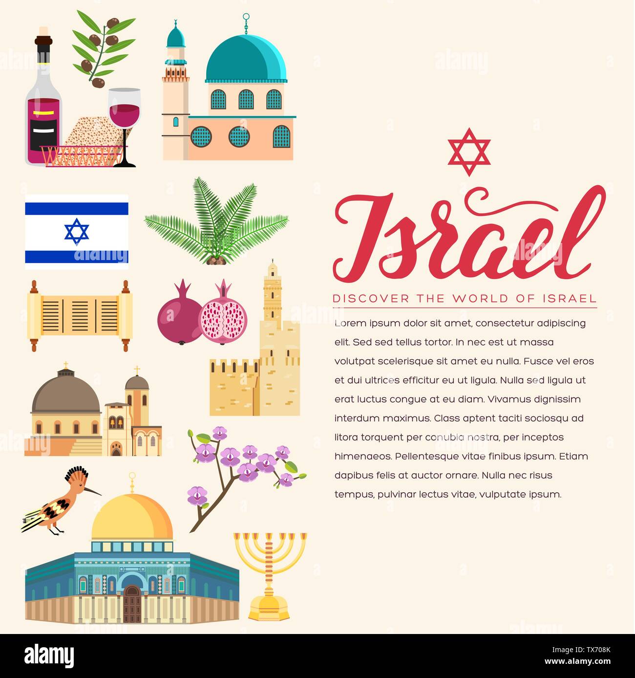 Land Israel Reisen Urlaub Guide von Waren, Orte und Funktionen. Satz von Architektur, Mode, Menschen, Gegenstände, Natur Hintergrund Konzept. Infografik template Design auf flachen Stil Stock Vektor