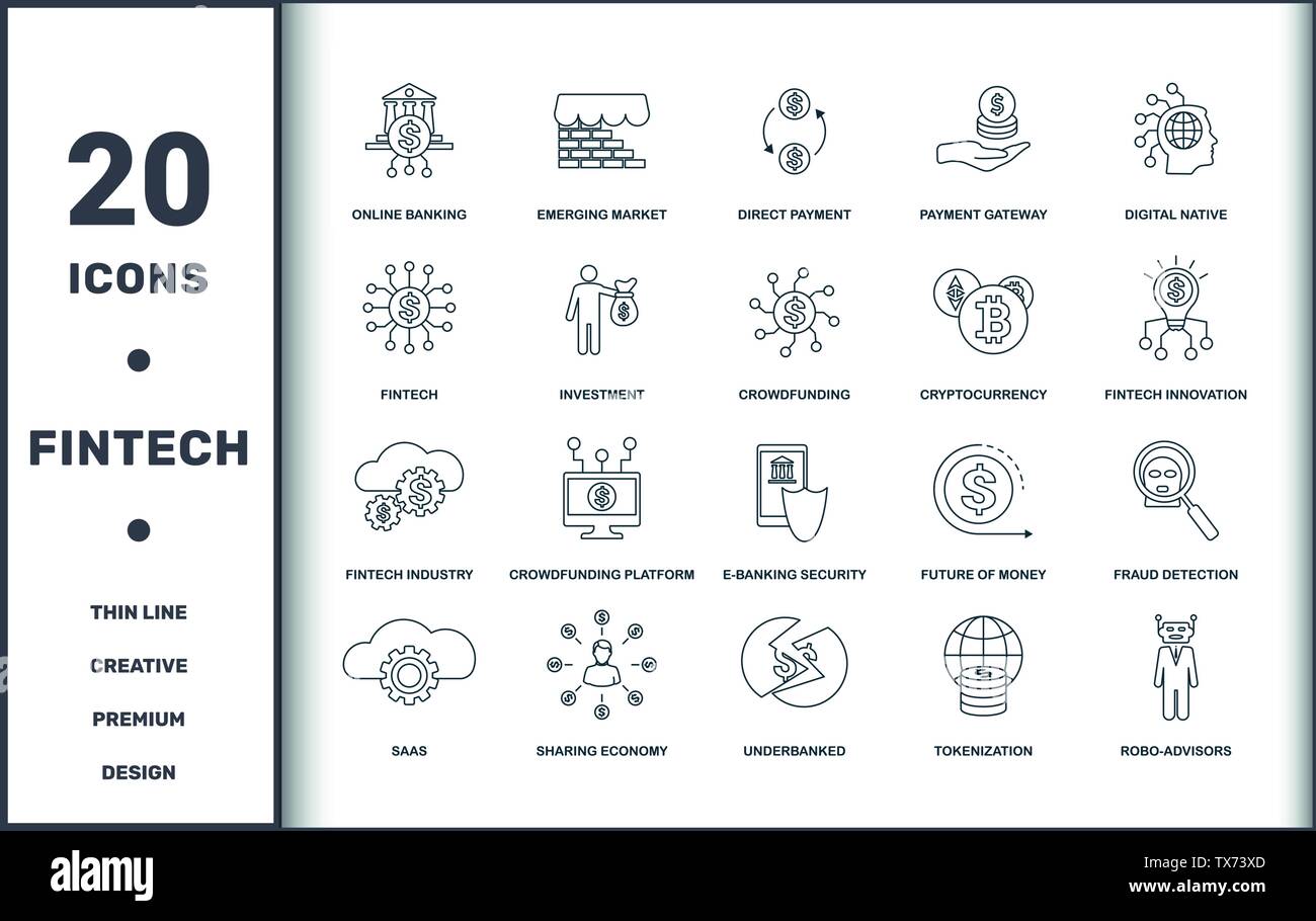 Fintech eingestellt icons Collection. Enthält einfache Elemente wie Online Banking, Emerging Market, Direktzahlung, Digital Native, Crowdfunding Plattform Stock Vektor