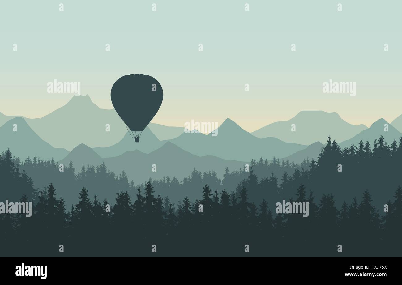 Realistische Darstellung der Landschaft mit Nadelwald mit Pinien unter Morgen green Sky. Flug im Heißluftballon. Mit Platz für Ihren Text - Stock Vektor
