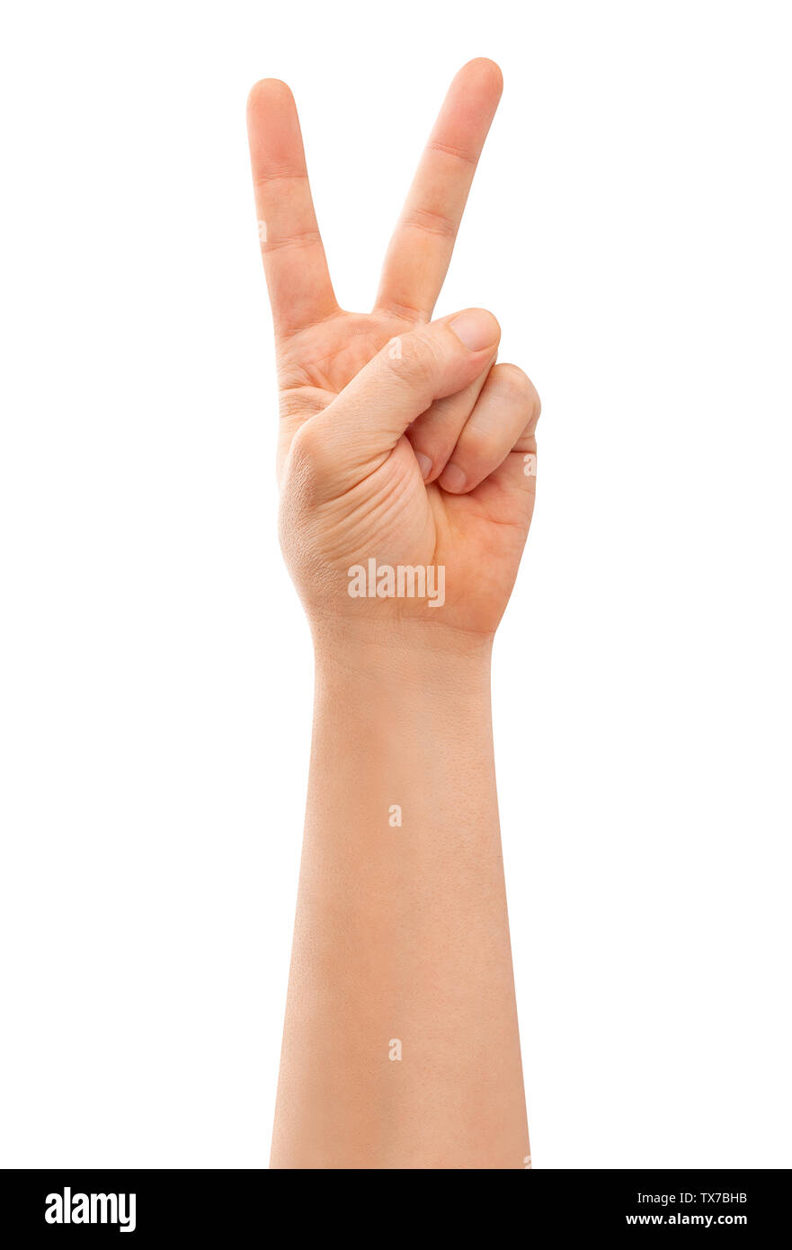 Sieg Handzeichen Pfad isoliert auf weißem Stockfoto