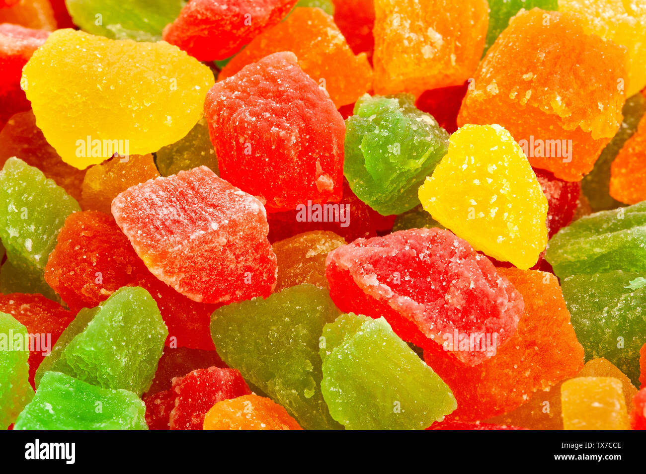 Farbige kandierte Früchte Makro Nahaufnahme Stockfoto