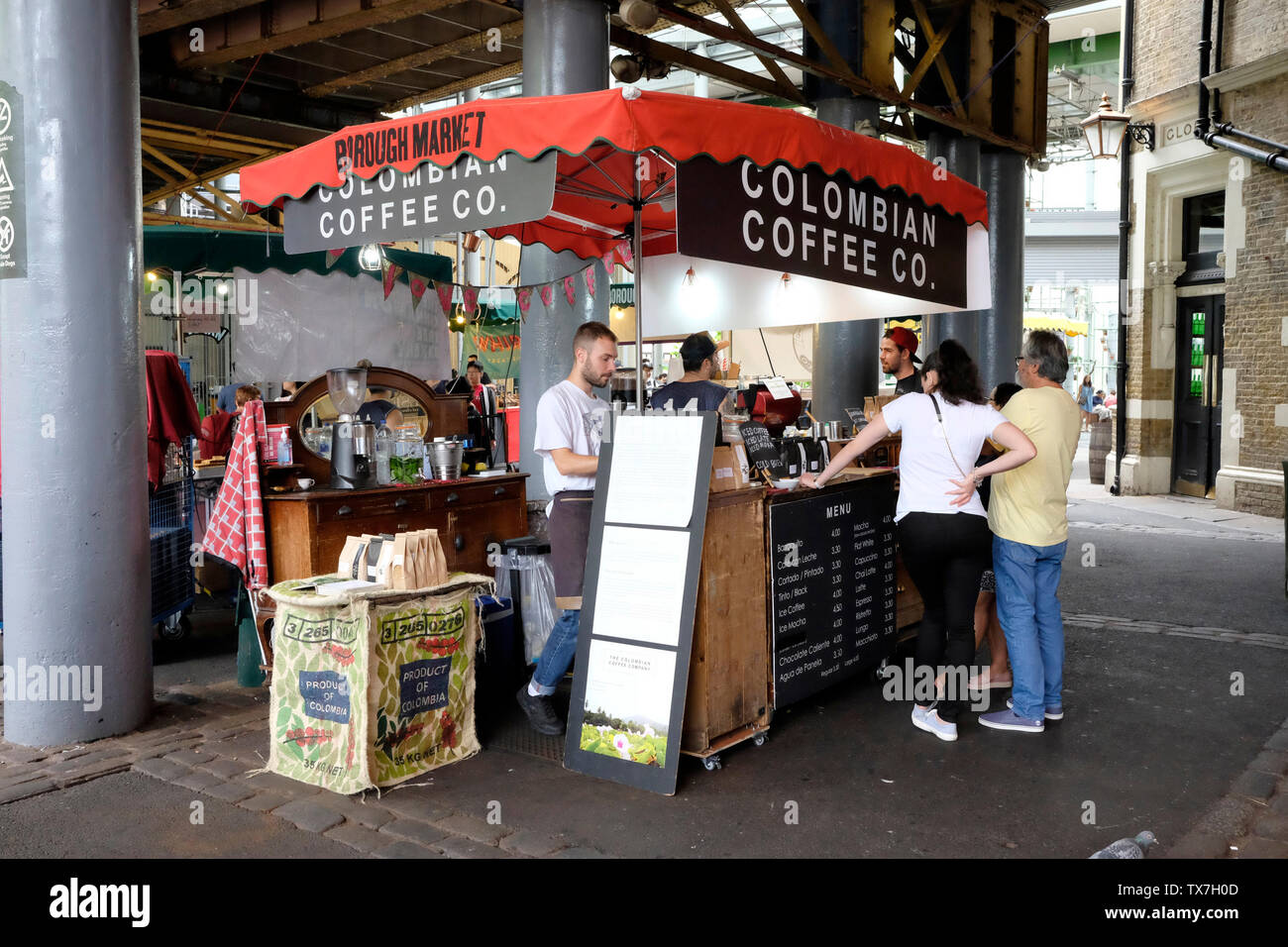 Kolumbianischen Kaffee Co, Borough Market, London Stockfoto