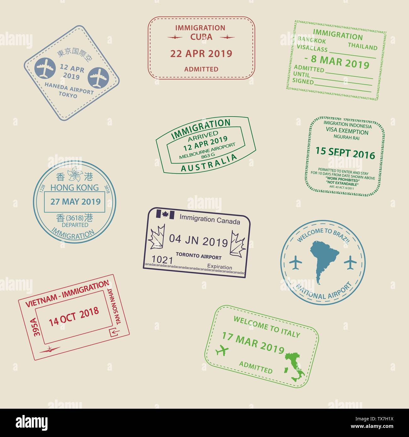 Satz von International Travel Visa Reisepass Stempel Symbole für die Eingabe zu Australien, Thailand, Brasilien, Kanada, Kuba, Hongkong, Indonesien, Vietnam Stock Vektor