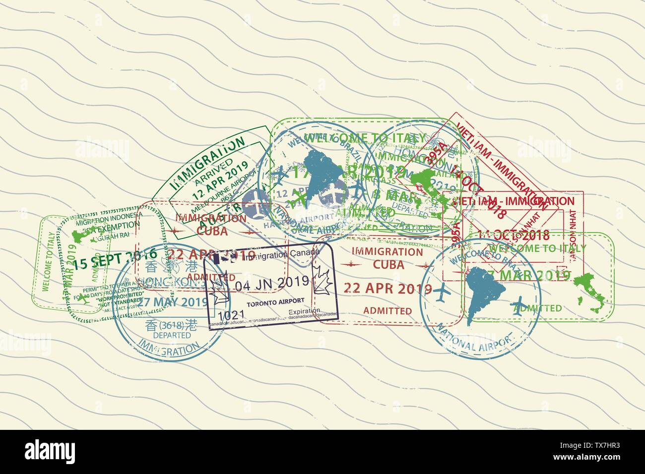 Verschiedene International Travel Visa Reisepass Stempel Symbole für die Eingabe zu Australien, Thailand, Brasilien, Kanada, Kuba, Hongkong, Indonesien, Vietnam Stock Vektor