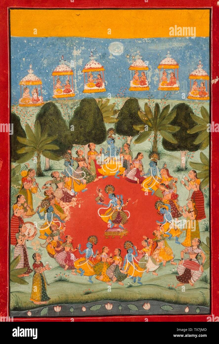 Krishnas Tanz der Freude (Rasa Lila); Indien, Rajasthan, Bundi, ca. 1675-1700 Zeichnungen; Aquarelle Opakes Aquarell und Gold auf Papier Bild: 11 7/8 x 8 1/2 Zoll. (30,16 x 21,59 cm); Blatt: 14 3/8 x 9 3/4 Zoll (36,51 x 24,76 cm) Museumserwerb (M.75.66) Süd- und südostasiatische Kunst; zwischen ca. 1675 und ca. 1700 Datum QS:P571,+1500-00-00T00:00:00Z/6,P1319,+1675-00-00T00:00:00Z/9,P1326,+1700-00-2700; Stockfoto