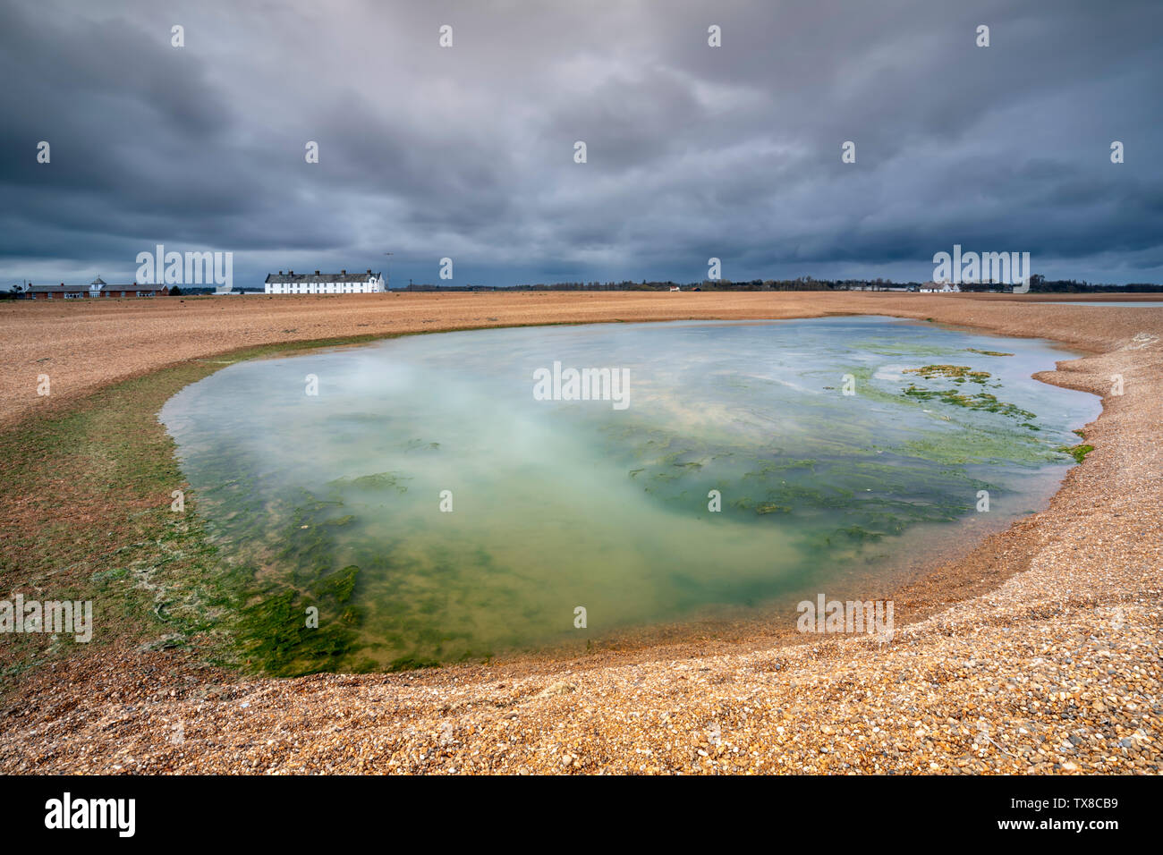 Ein Pool von Wasser bei Shingle Street in Suffolk. Stockfoto