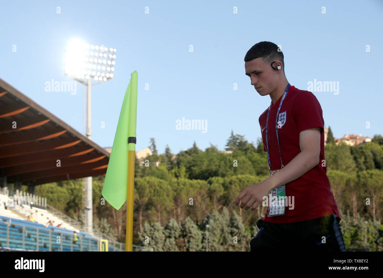 England's Phil Foden vor der 2019 UEFA U-21 Europameisterschaft match Im Stadion San Marino, Serravalle. Stockfoto