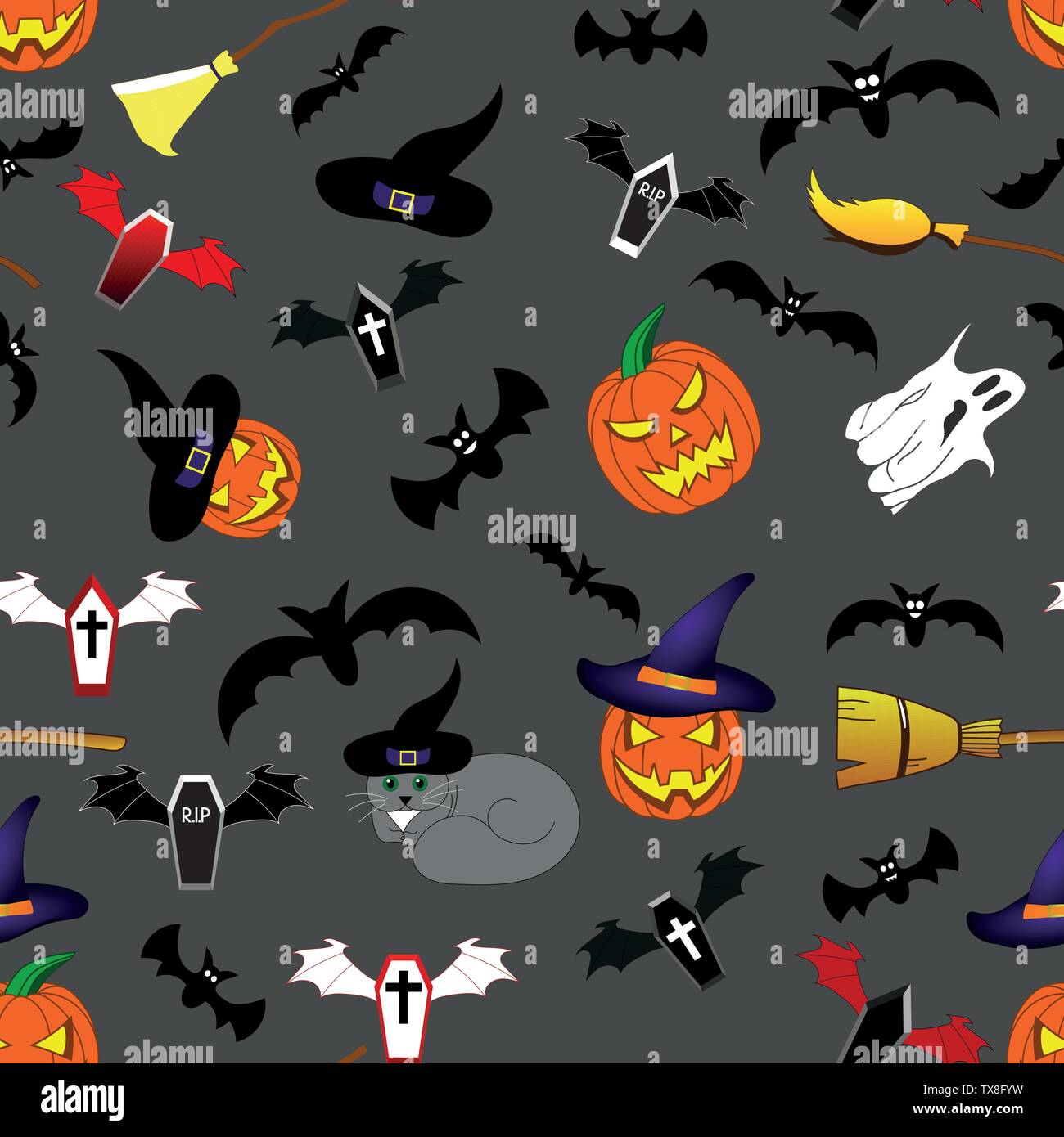 Nahtlose Muster mit Halloween Elemente für Ihr Design. Pumpkin, Ghost, Cat, Hut, Besen, Särge. Vector Illustration. Stock Vektor