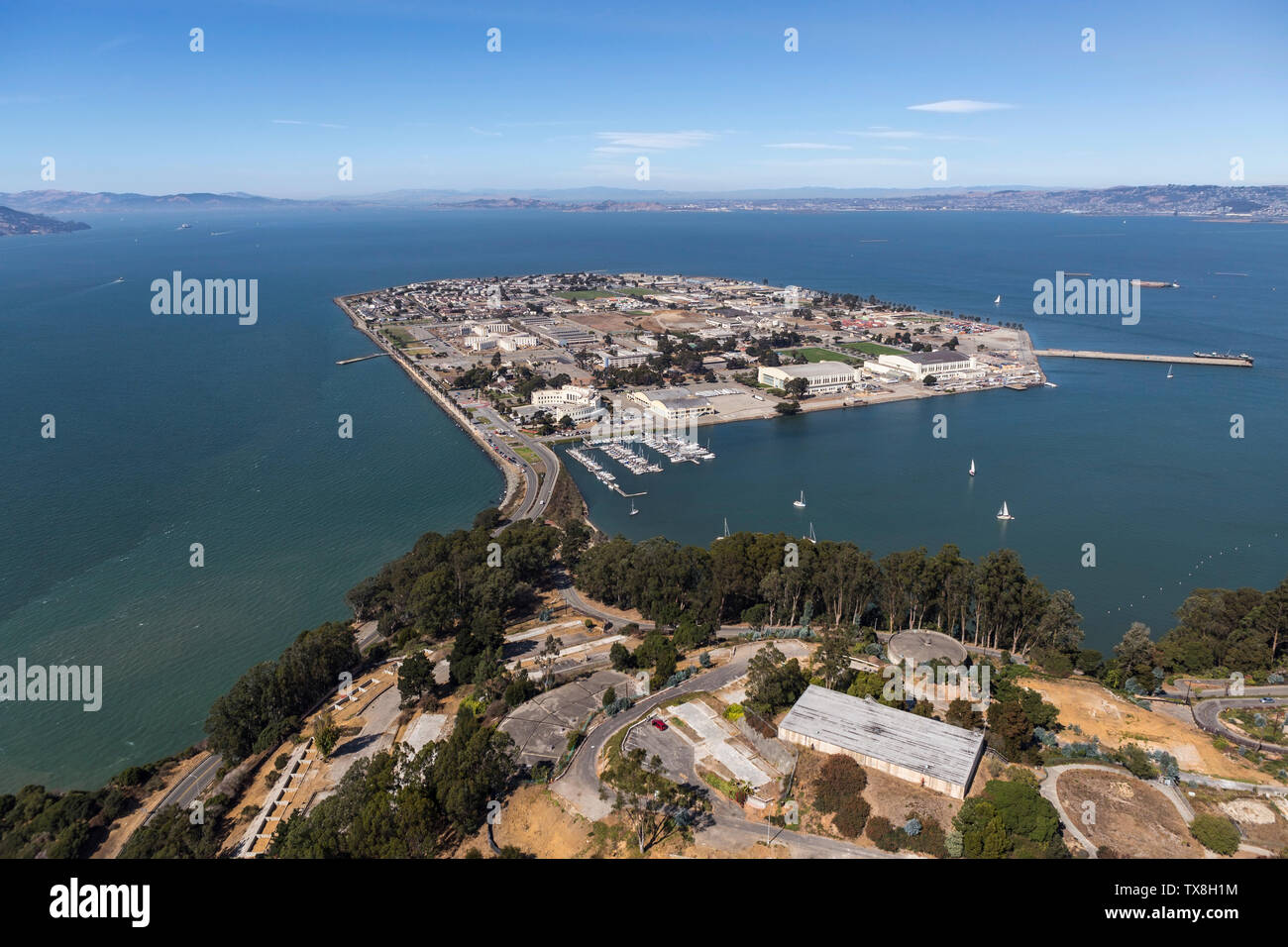 Nachmittag Luftaufnahme von Treasure Island und San Francisco Bay in der Nähe von Oakland, Kalifornien. Stockfoto
