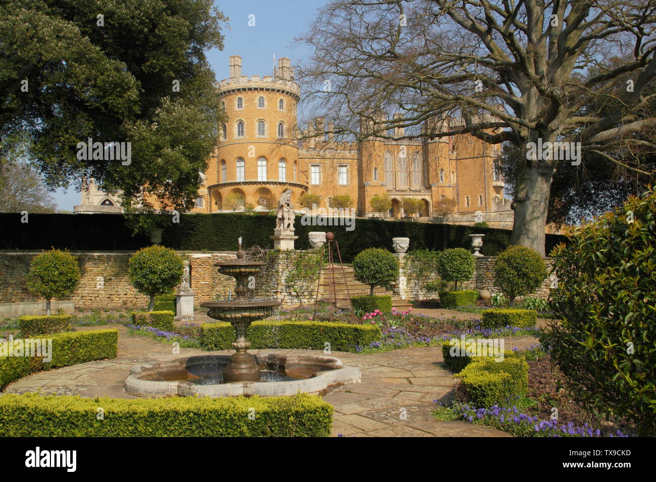 Belvoir Castle von der rose Garten im Frühjahr, Leicestershire, East Midlands, Großbritannien Stockfoto