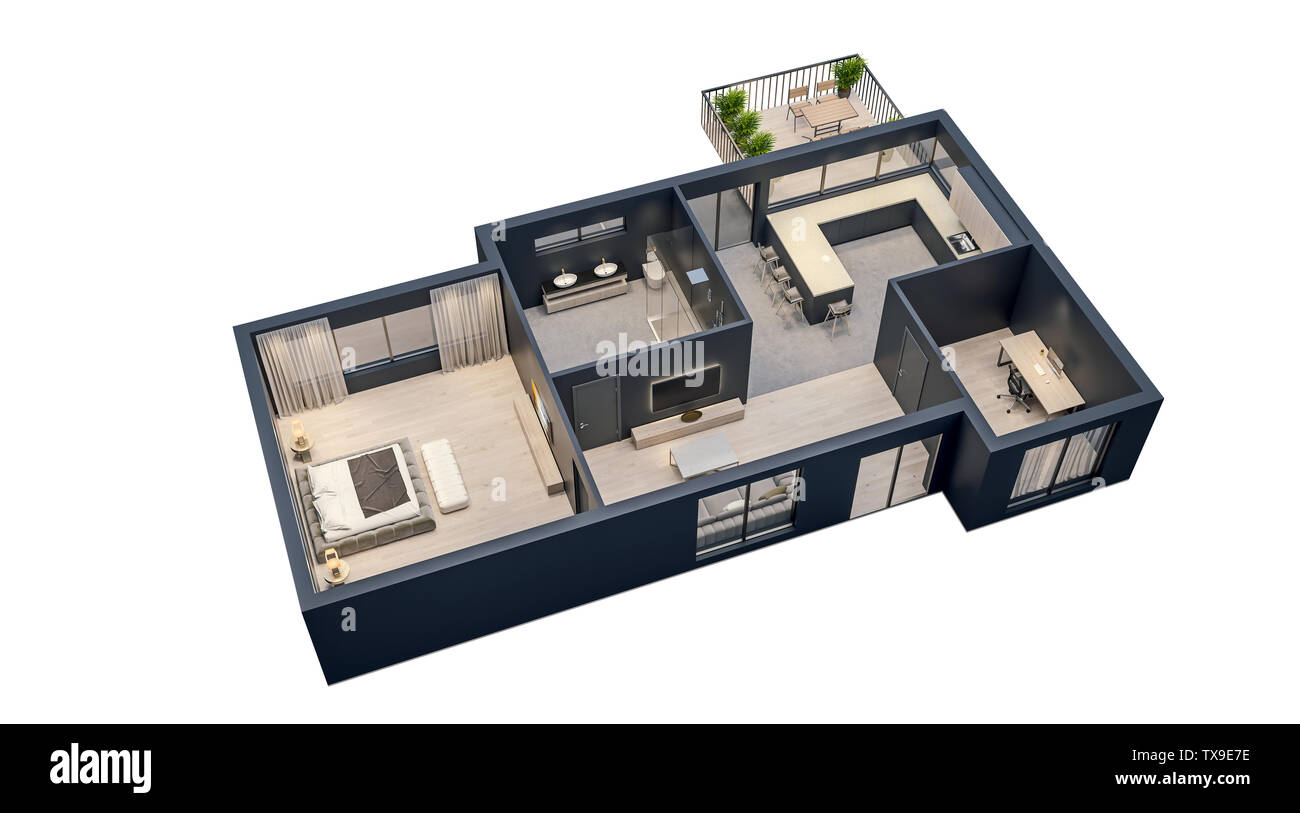 Modernes Design, isolierte Grundriss mit schwarzen Wänden, Blaupause von Wohnung, Haus, Möbel, kubisch, perspektivische Ansicht, 3D-Rendering Stockfoto
