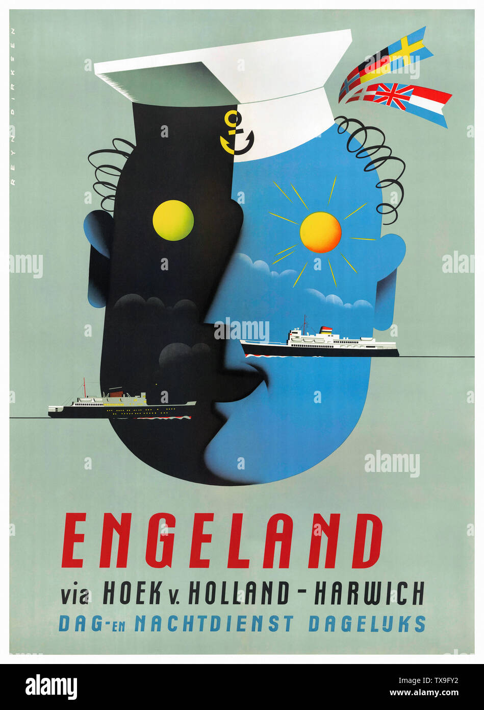 Vintage Travel Poster wiederhergestellt. Über Engeland Hoek v. Holland - Harwich. Dag en Nachtdienst Dageluks von reyn Dirksen (1924-1999). 1950-1955 veröffentlicht. Stockfoto