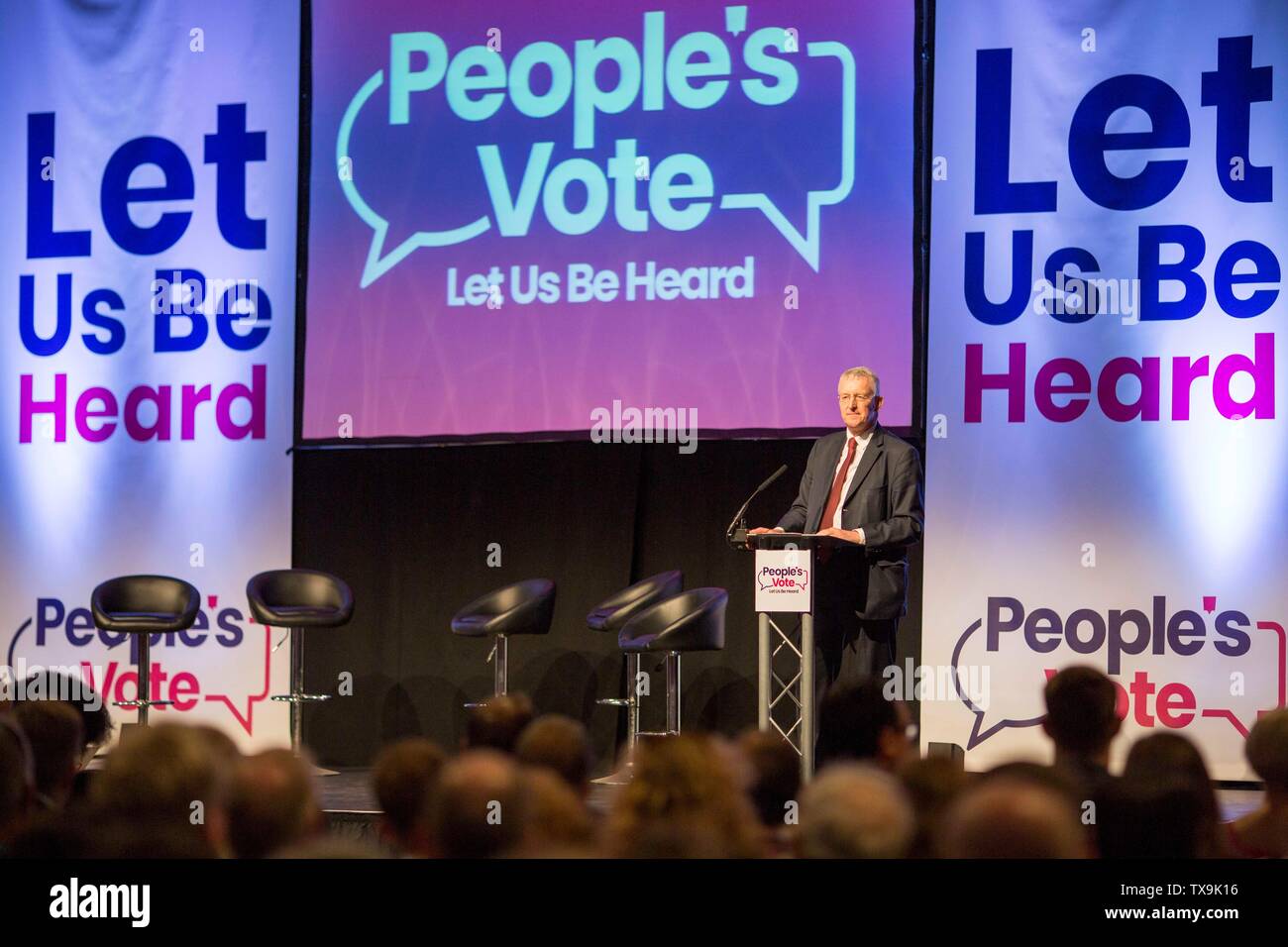 Bild von Chris Bull 22/06/19 Abstimmung Hilary Benn MP der Rallye im neuen Dock Hall, Leeds. www.chrisbullphotographer.com Stockfoto