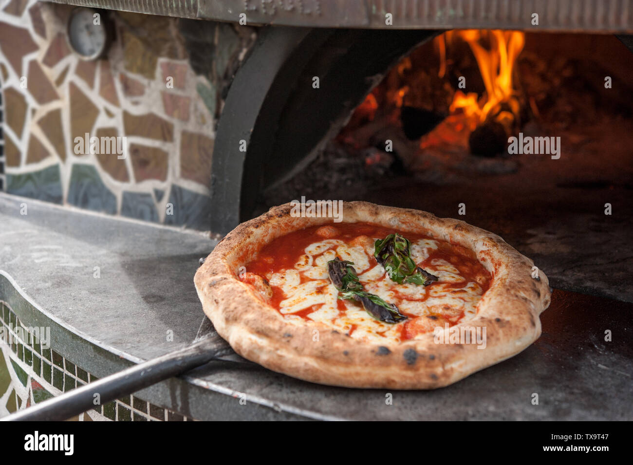 Heiße Pizza Margherita auf die Schale nur aus dem Holzofen. Stockfoto
