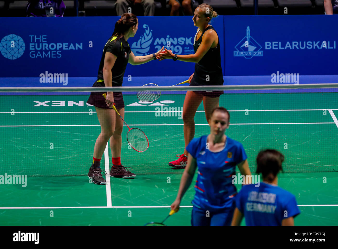 24. juni 2019 Minsk, Weißrussland Europaspiele 2019 Badminton: Selena Piek und Cheryl seinen aus den Niederlanden gegen Lara Kaepplein und Johanna Goliszewski aus Deutschland Stockfoto