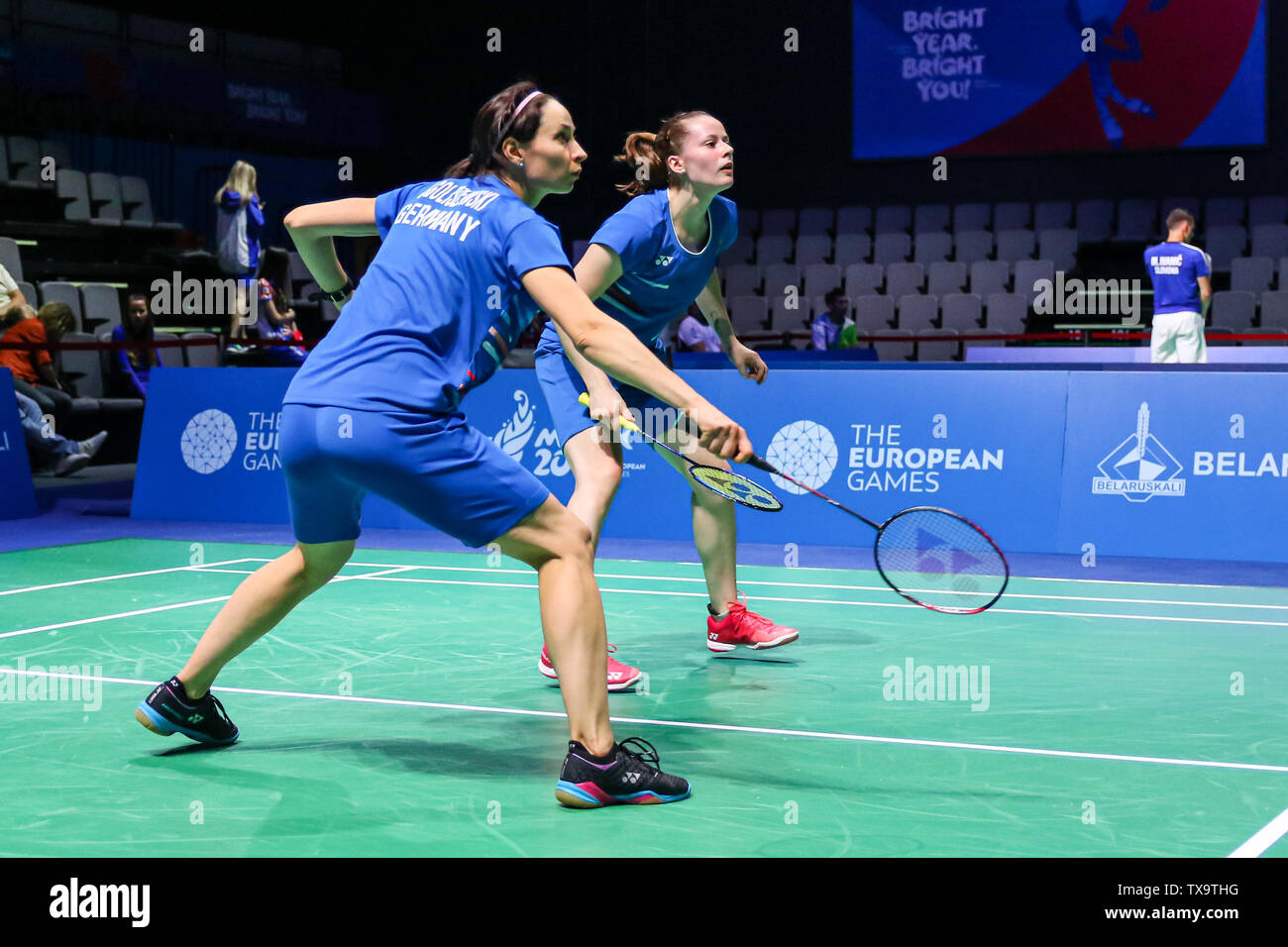 24. Juni 2019 in Minsk, Belarus European Games 2019 Badminton: Lara Kaepplein und Johanna Goliszewski Deutschland Stockfoto