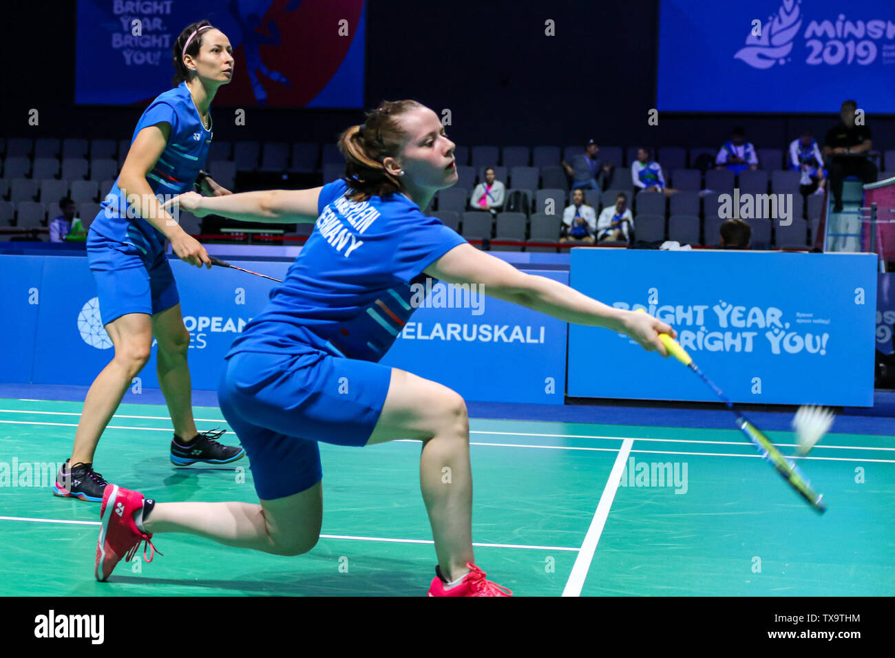 24. Juni 2019 in Minsk, Belarus European Games 2019 Badminton: Lara Kaepplein und Johanna Goliszewski Deutschland Stockfoto