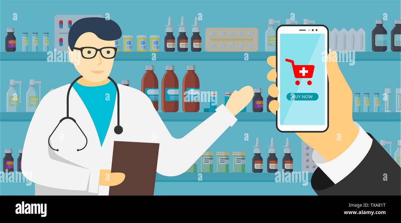 Online Apotheke mobile App. Hand, Smartphone und Apotheker Arzt in Gläsern und Flaschen Vitamine Medikamente Pillen Kapseln und Tabletten auf Stock Vektor