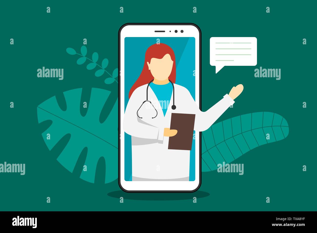 Doktor online Handy Chat Internet Consulting. Weiße Frau mit Stethoskop der Bildschirm des Smartphones und Sprechblase antworten Frage. Gesundheitswesen Stock Vektor