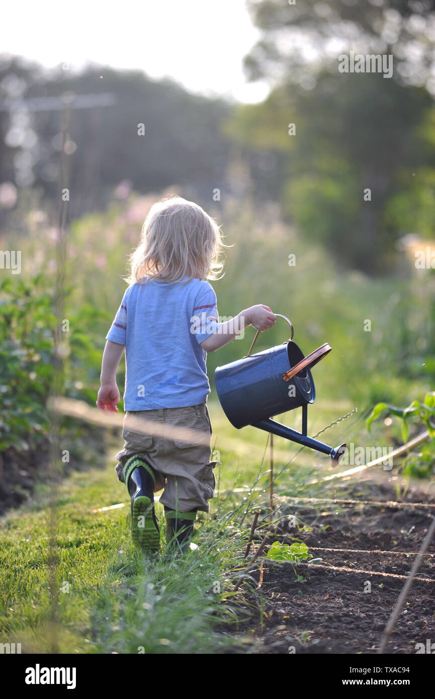 Kleine Jungen, der liebt Gartenarbeit helfen seiner Mama auf die Zuteilung von Wasser die Pflanzen und Ernten mit der Gießkanne im Abendlicht Stockfoto