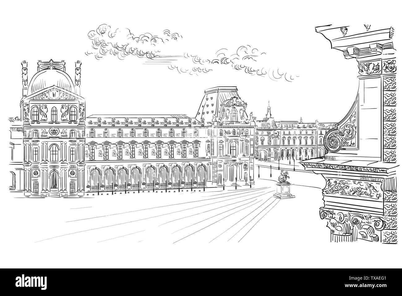 Vektor hand Zeichnung Abbildung des Louvre Museum. Wahrzeichen von Paris, Frankreich. Stadtbild mit Museum. Vektor hand Zeichnung Abbildung in schwarz Col Stock Vektor