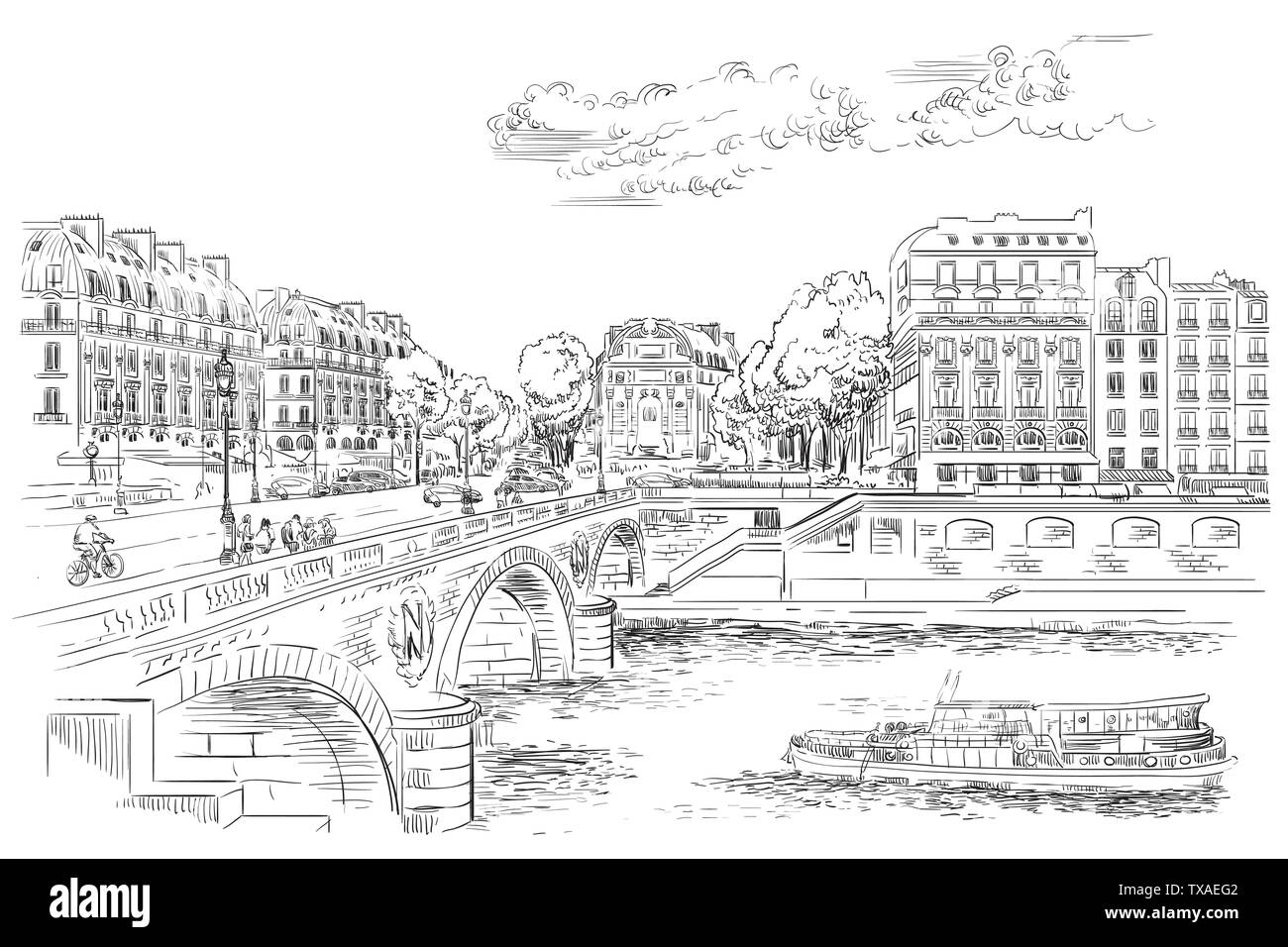 Vektor hand Zeichnung Abbildung von Pont Saint Michel Brücke (Paris, Frankreich). Wahrzeichen von Paris. Stadtbild mit Saint Michel Brücke und Pariser Straße. Stock Vektor