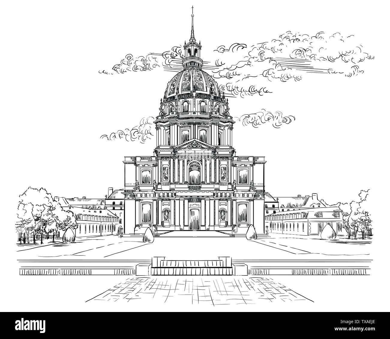 Vektor hand Zeichnung Abbildung der Nationalen Residenz der Invaliden (Paris, Frankreich). Wahrzeichen von Paris. Stadtbild mit nationalen Residenz der In Stock Vektor