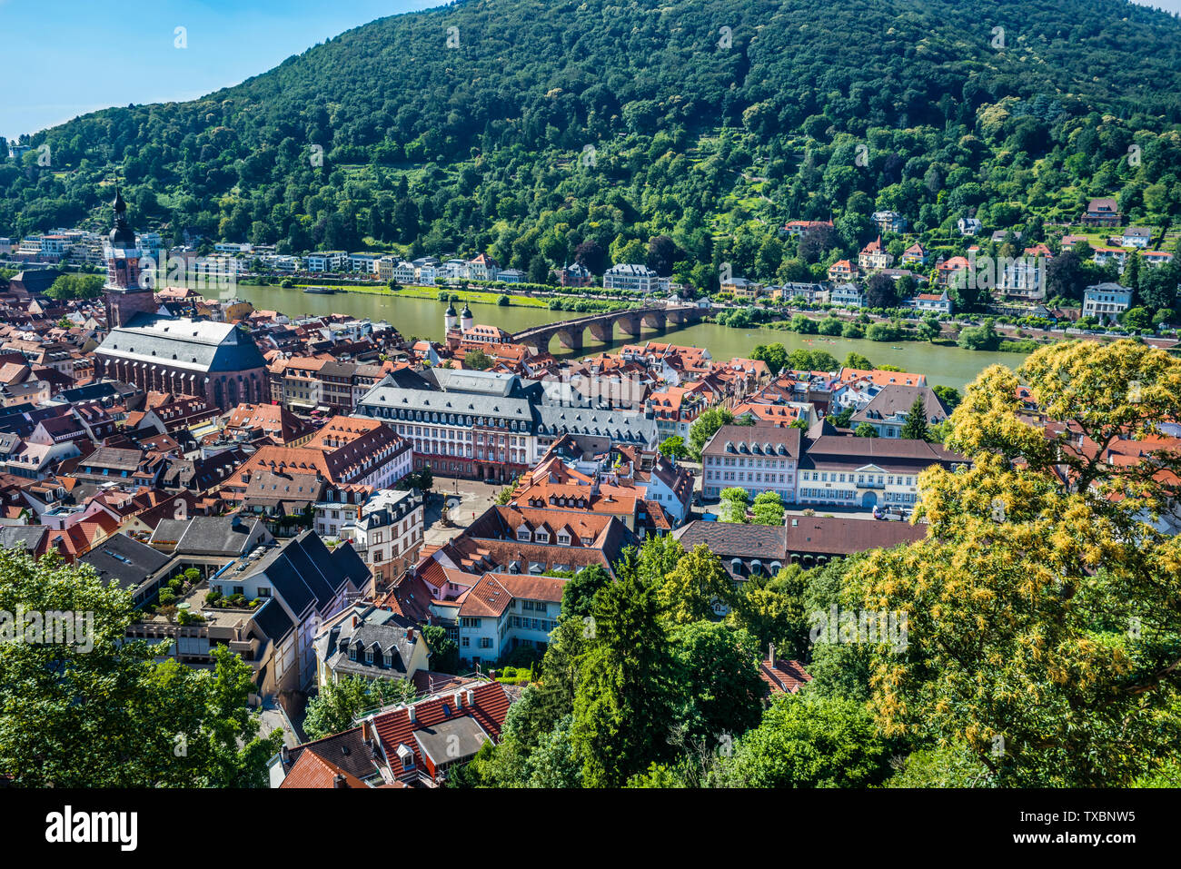 Panoramablick auf die Stadt Heidelberg mit den Neckar und die Alte Brücke, Heidelberg, Baden-Württemberg, Deutschland Stockfoto