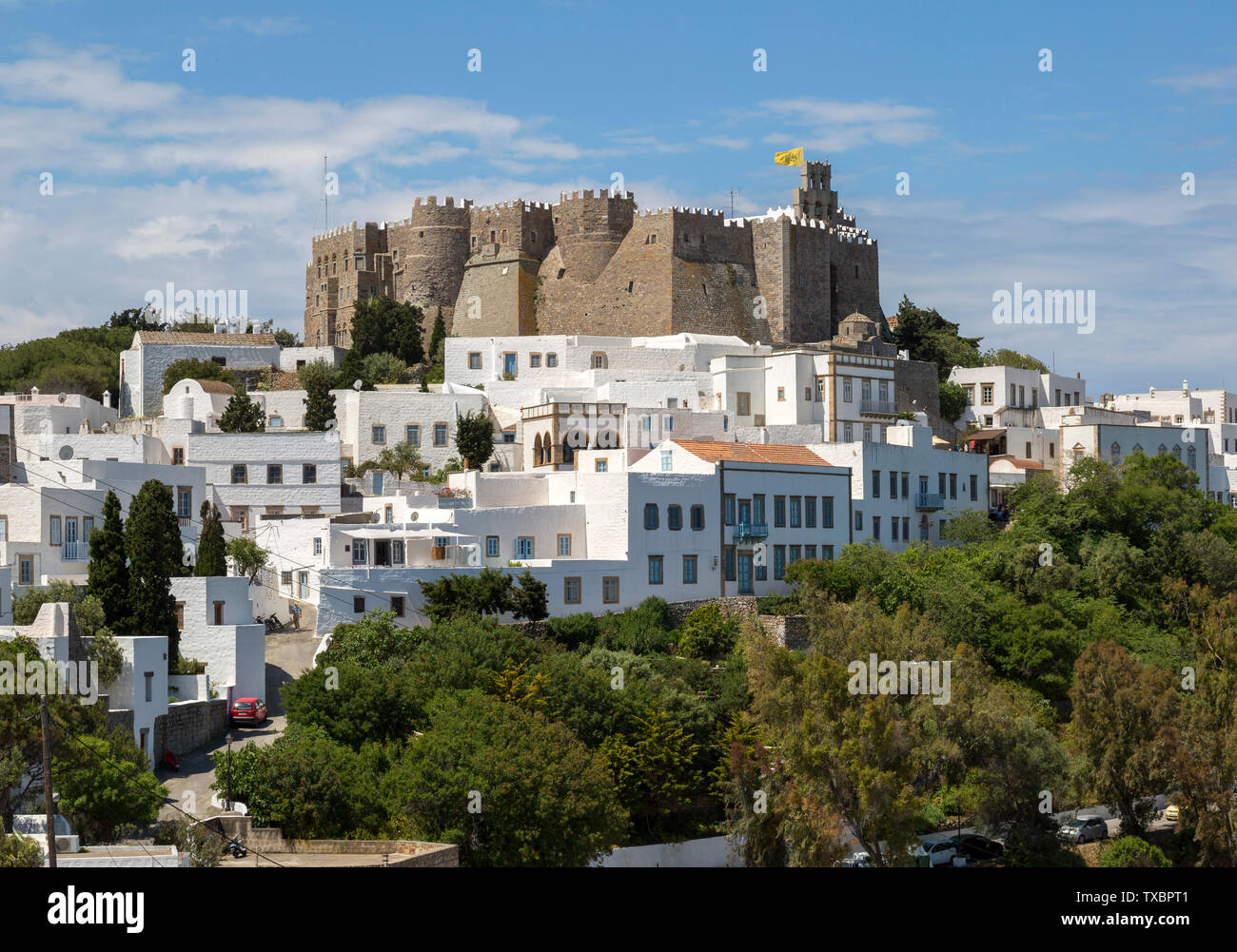 Das Kloster des Hl. Johannes des Theologen. Auf einem Hügel auf der griechischen Insel Patmos. Stockfoto