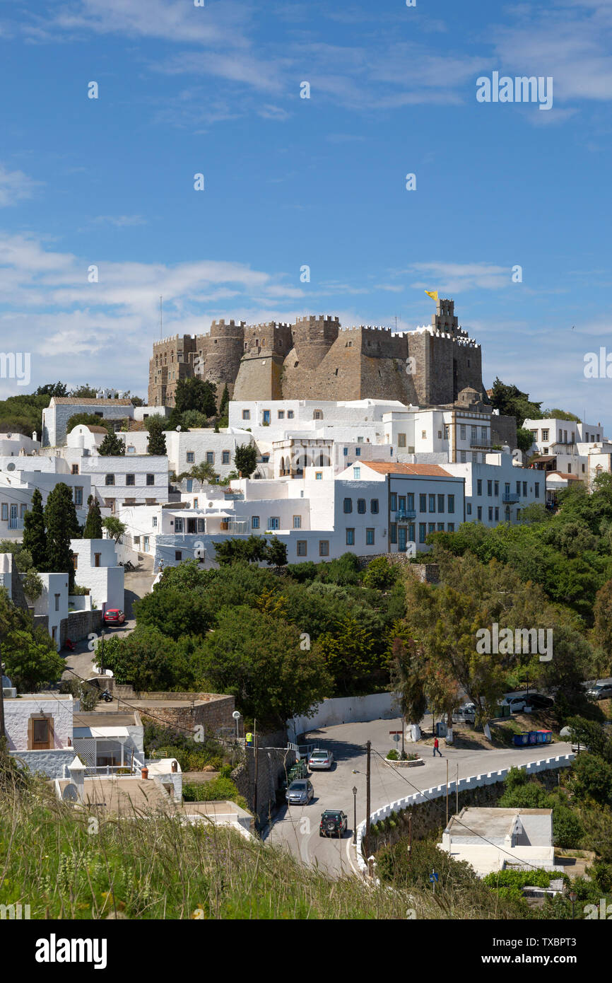 Das Kloster des Hl. Johannes des Theologen. Auf einem Hügel auf der griechischen Insel Patmos. Stockfoto