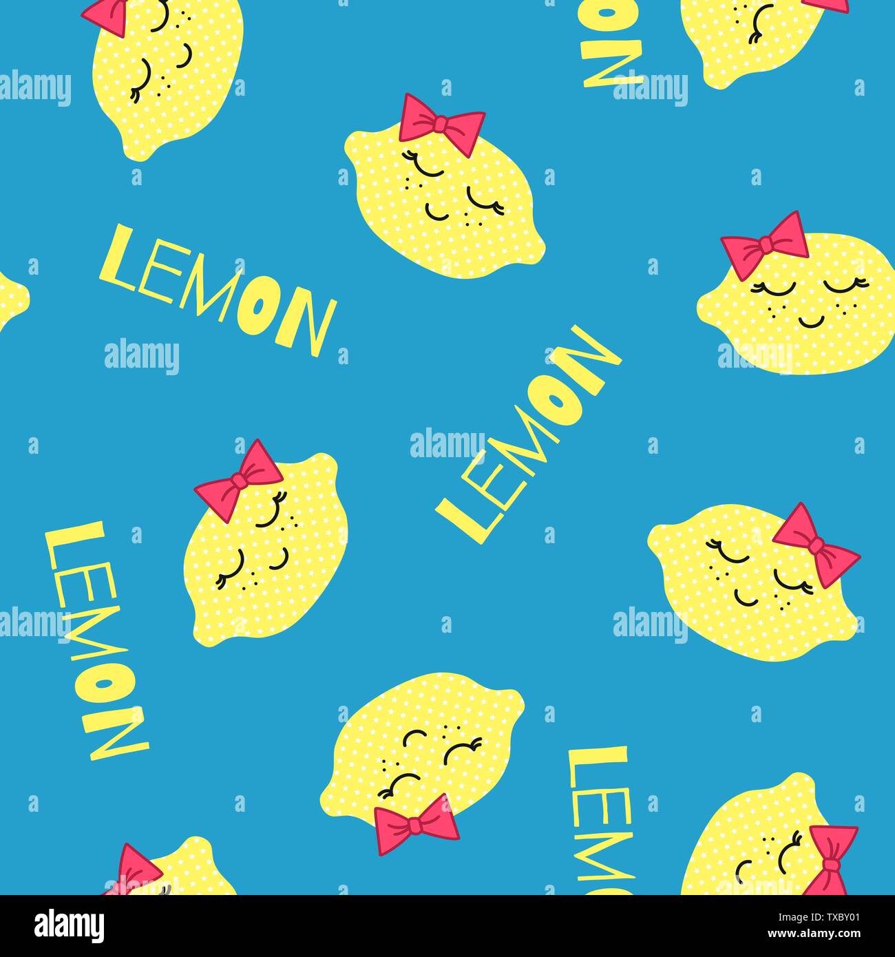 Zitronen Kawaii Muster. Vektor nahtlose Textur der Glückliche gelbe Zitronen auf blauem Hintergrund. Für Tapeten, Textilien verwendet werden, Geschenkpapier Stock Vektor