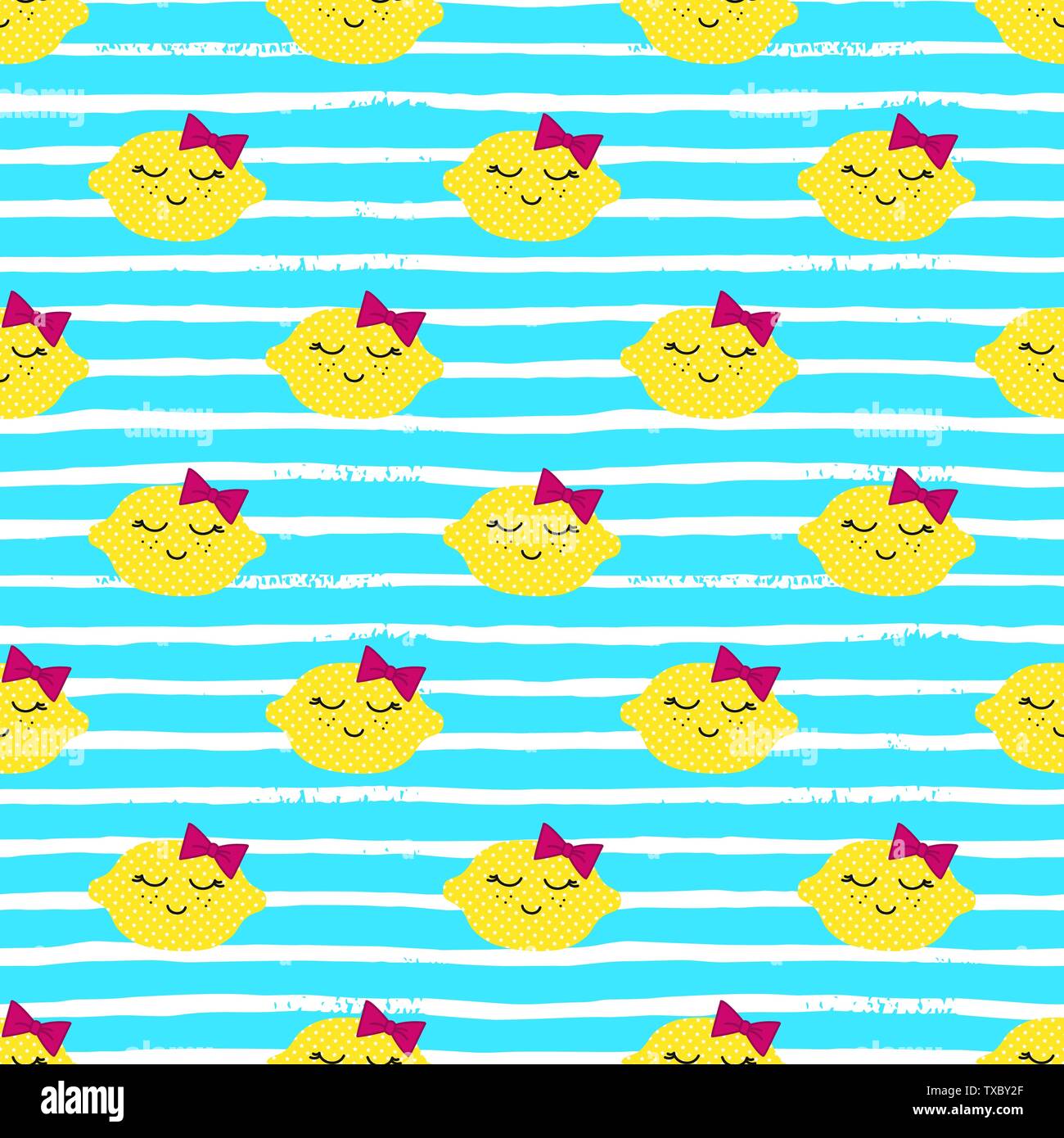 Zitronen Kawaii Muster. Vektor nahtlose Textur der Glückliche gelbe Zitronen auf weißem Hintergrund. Für Tapeten, Textilien verwendet werden, Geschenkpapier Stock Vektor