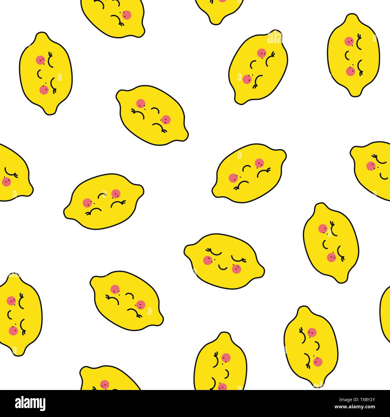 Zitronen Kawaii Muster. Vektor nahtlose Textur der Glückliche gelbe Zitronen auf weißem Hintergrund. Für Tapeten, Textilien verwendet werden, Geschenkpapier Stock Vektor