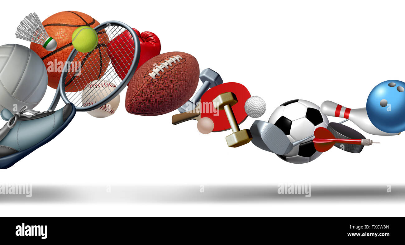 Sport grafisches Element wie ein Strudel aus Sport und Spiel Objekte als Symbol für einen gesunden Lebensstil mit 3D-Illustration Elemente. Stockfoto
