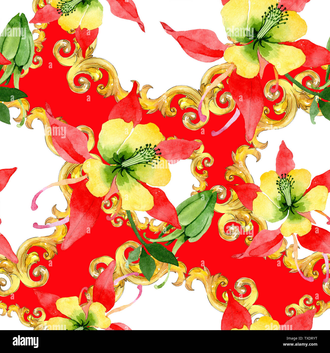 Red Akelei Blumen botanischen Blumen. Wild Federblatt wildflower. Aquarell Abbildung. Aquarell Zeichnung mode Aquarelle. Nahtlose zurück Stockfoto
