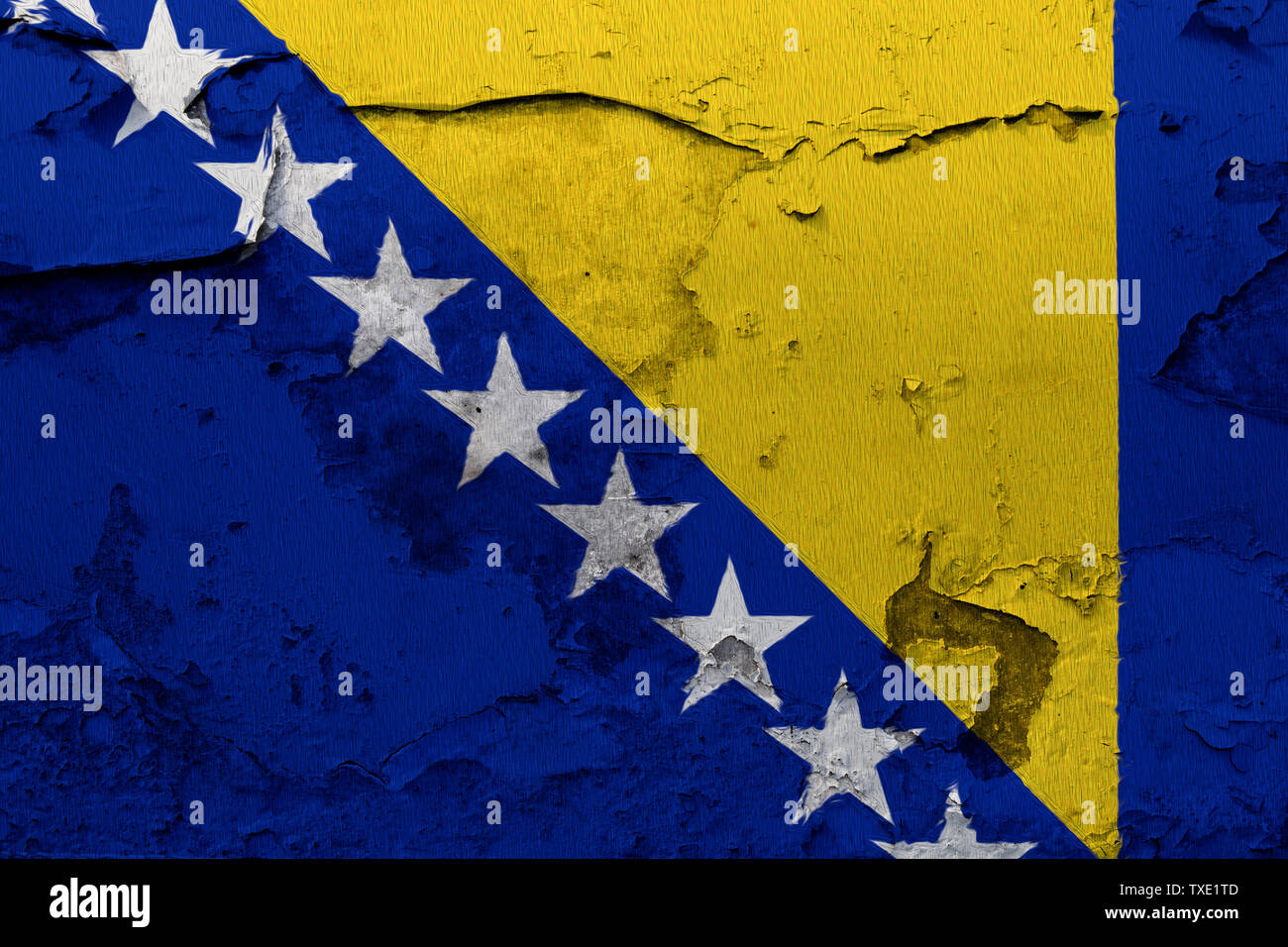 Bosnien und Herzegowina Flagge auf dem gebrochenen grunge Beton Wand gemalt Stockfoto