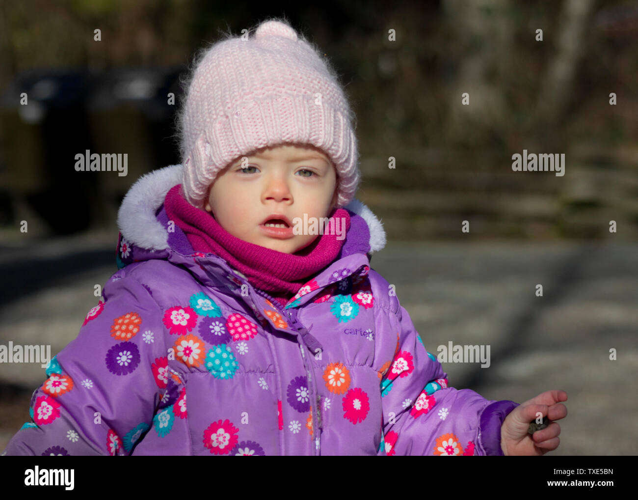 20 Monate altes Baby genießt das schöne Wetter draußen. Kleinkind Mädchen Porträts in natürlichem Licht. Kleines Mädchen Nahaufnahme Bild in der Natur, im Winter Stockfoto