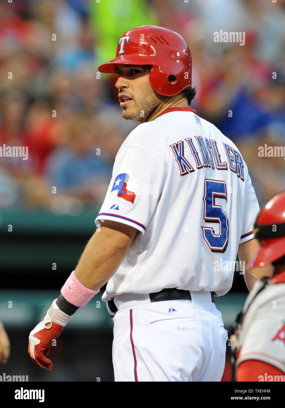 Texas Rangers zweiter Basisspieler Ian Kinsler in Aktion gegen die Los Angeles Angels in Arlington am 13. Mai 2012 in Arlington, Texas. UPI/Ian Halperin Stockfoto