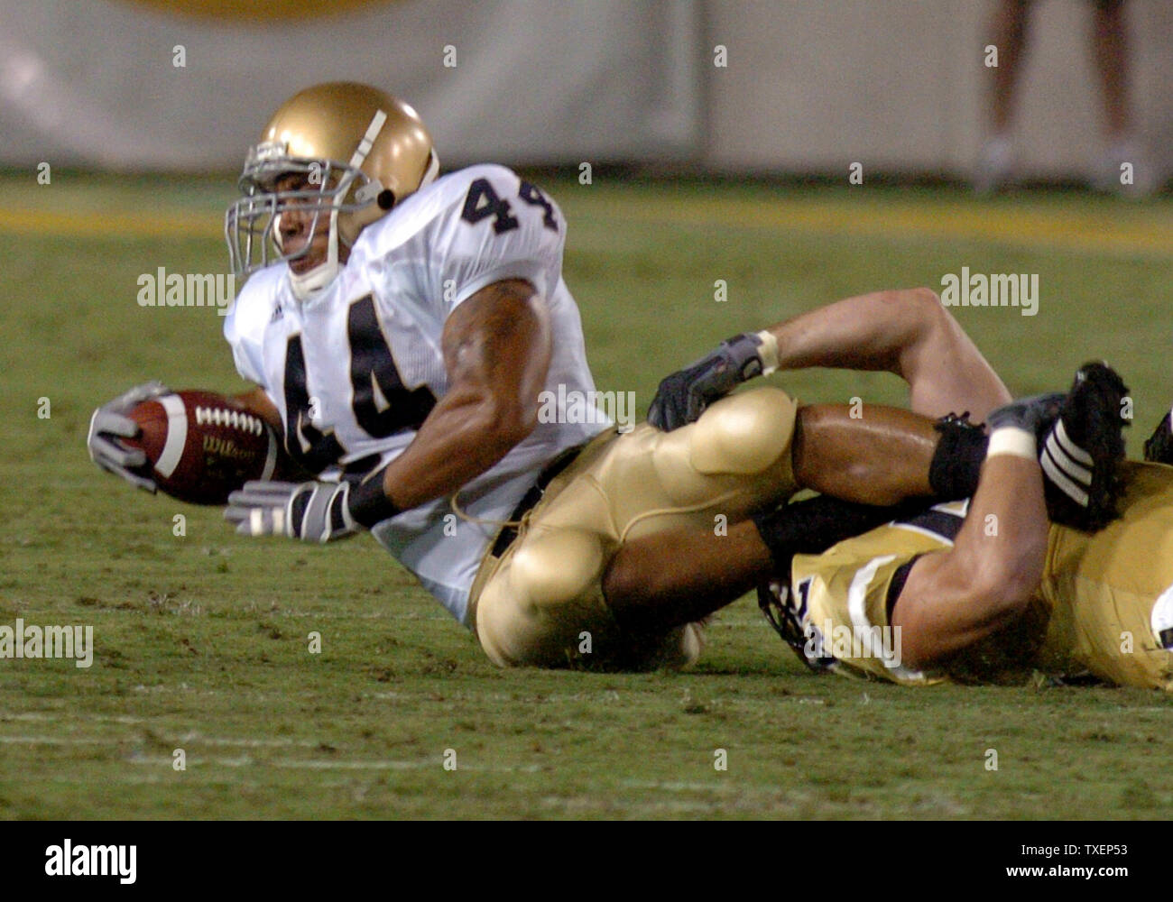 Notre Dame Verteidiger Asaph Schwapp (44) wird nach Georgia Tech im zweiten Quartal im Bobby Dodd Stadium in Atlanta, Ga., 2. September 2006. Notre Dame besiegte Georgia Tech 14-10. (UPI Foto/Peter Stöger) Stockfoto