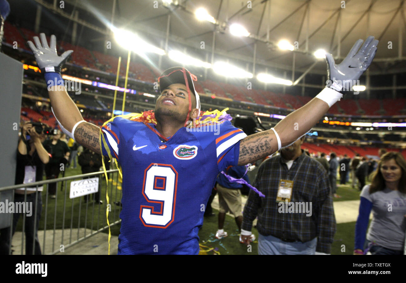 Universität von Florida wide receiver Louis Murphy feiert die Gators' 31-20 Niederlage von Alabama in der NCAA SEC Championship football Spiel in Atlanta, Georgia am 6. Dezember 2008. (UPI Foto/Markierung Wallheiser) Stockfoto