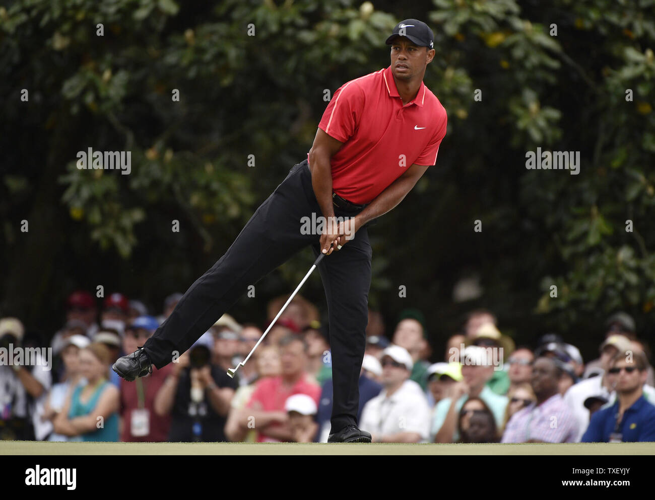 Tiger Woods lehnt sich an einem Fuß, während er Uhren seinen Schlag auf der ersten Bohrung in der Endrunde der Masters 2015 in Augusta National Golf Club in Augusta, Georgia am 12. April 2015. Foto von Kevin Dietsch/UPI Stockfoto