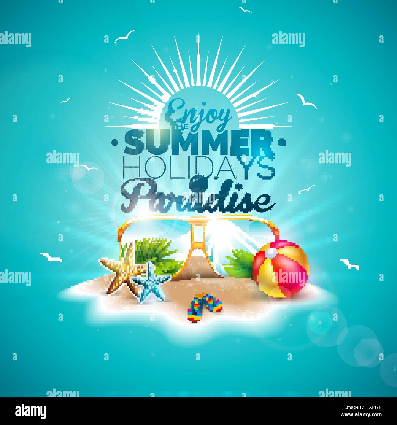 Genießen Sie den Sommer Urlaub Abbildung mit Typografie Brief und Sonnenbrille auf dunkelblauem Hintergrund. Vektor Design mit Seesternen und Beach Ball auf Stock Vektor