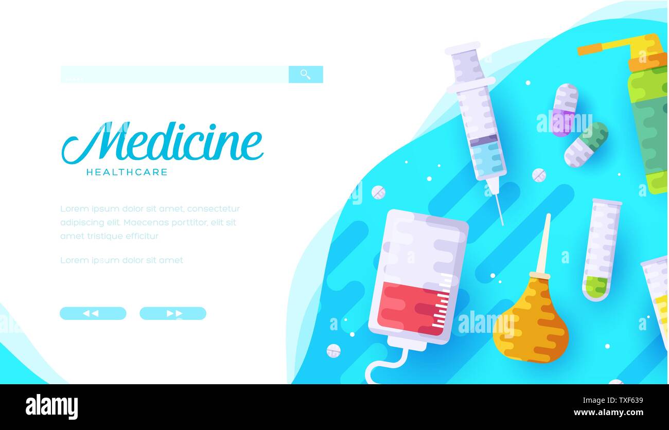 Gesundheitswesen und Medizin Vektor landing page Template. Medizinische Instrumente, Geräte flach Abbildung. Apotheke cartoon Web Banner Layout Design. Krankenhaus, Klinik. Apotheke Plakat Konzept Stock Vektor