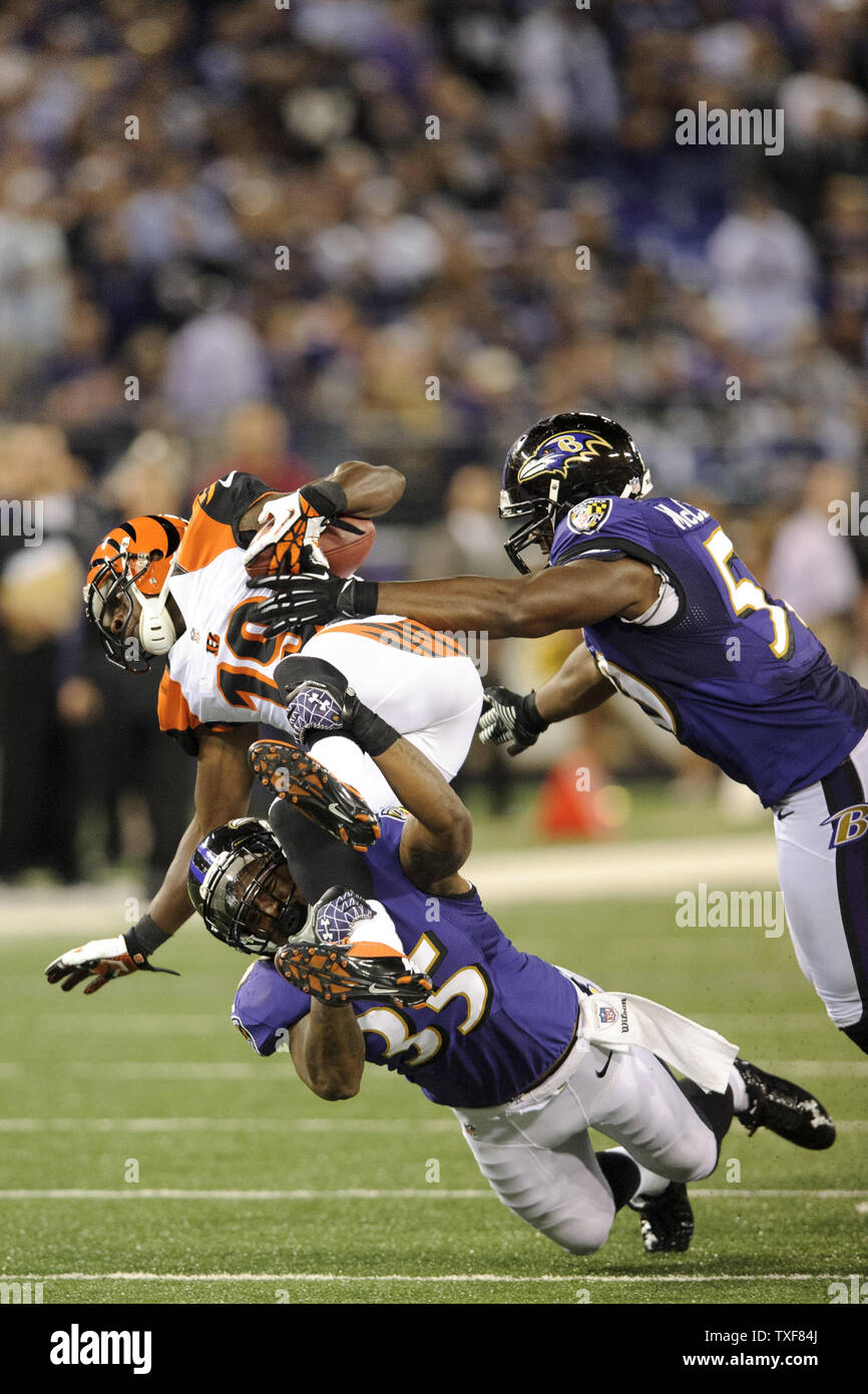 Cincinnati Bengals wide receiver Brandon Tate ist Double teamed durch Baltimore Ravens zurück Anthony Allen, unten, und line Backer Albert McClellan während ein viertes Quartal Stocherkahnrückkehr bei M&T Bank Stadium in Baltimore, Maryland am 10. September 2012. Baltimore beat Cincinnati 44-13. UPI/Matt Roth Stockfoto