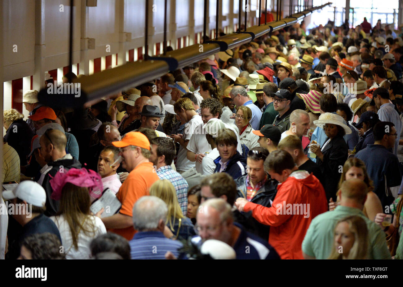 Gönner Wetten vor dem Preakness Stakes am Pimlico Race Course am 18. Mai 2013 in Baltimore, Maryland. Kentucky Derby Sieger Orb ist auf der Suche nach einem Triple Crown die Möglichkeit mit einem Sieg heute bei Pimlico. UPI/Kevin Dietsch Stockfoto