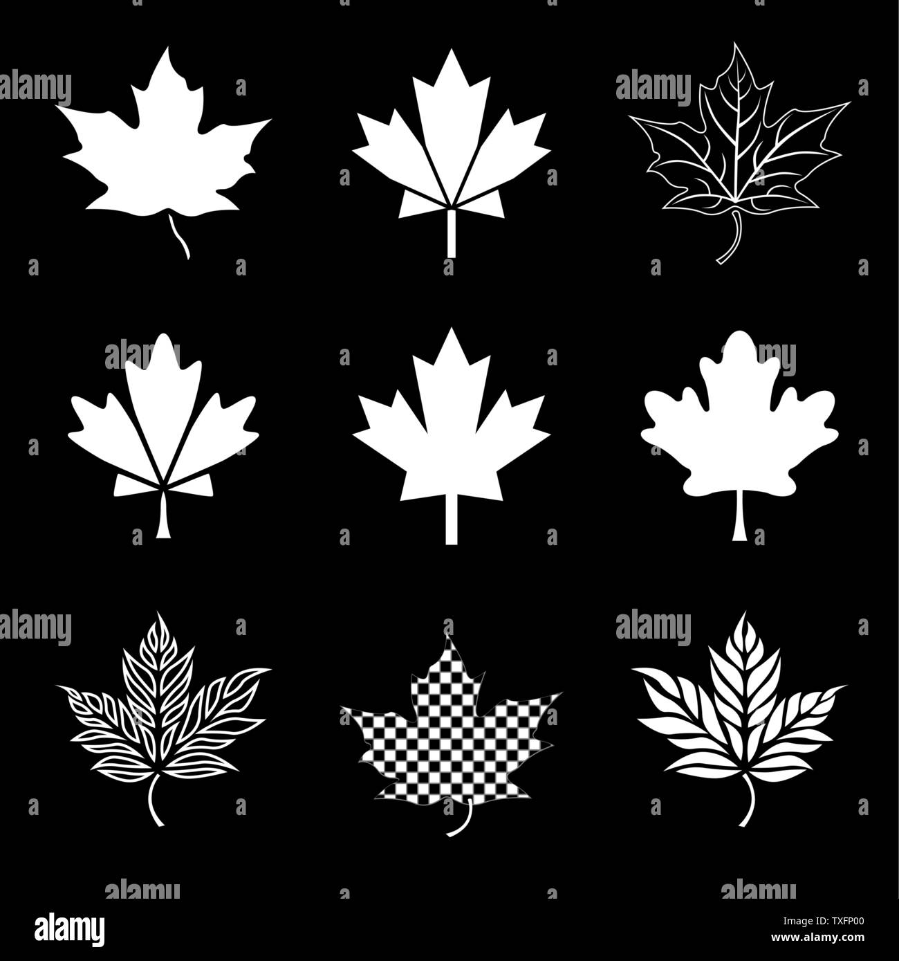 Maple Leaf Symbol silohouettes in Weiß auf Schwarz für Kanada Flag gesetzt der Blätter gruppiert Stock Vektor