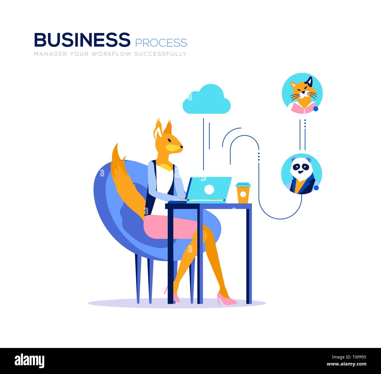 Business Process Vektor poster Konzept. Workflow Management Abbildung. Group chat, Kommunikation über das Internet. Webinar, Online Seminar, Konferenz. Weibliche boss Chatten mit Untergebenen Stock Vektor