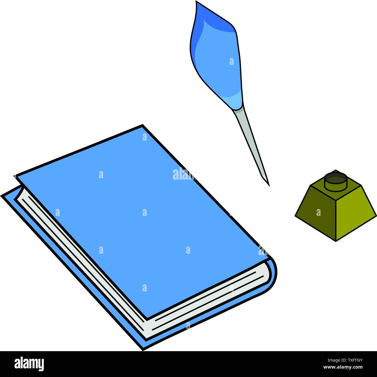 Geschlossenes Buch, Feder und Tinte Topf isoliert auf weißem Hintergrund. Vector Illustration für Ihr Design, Game, Karte. Stock Vektor